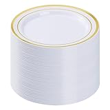 BESTVIP 100PCS Gold Plastic Plates, 10.25 Inch Disposable Dinner Plate Party with Gold Rim for Christmas, Thanksgiving, Heavy Duty Disposable Plastic Plates for Party, Wedding and Birthday, Events