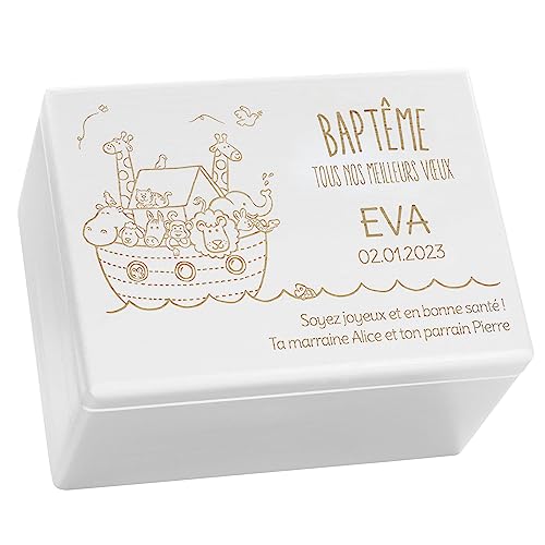 LAUBLUST Boîte à souvenir bébé - L'Arche de Noé - Cadeau naissance personnalisable | Taille XL, env. 40x30x24cm, Blanc - Boîte décorative en bois avec...