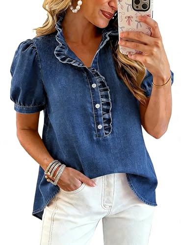 utcoco Denim Shirt Women Y2k Ruffle Denim Top Button Down Jean Shirt 2026 Summer Puff Short Sleeve Blouse (Large, Dark Blue)