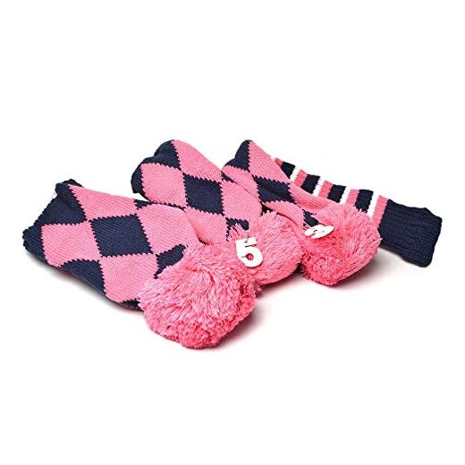 PLUSKER Golf Head Covers Pink for Driver and Fairway Woods Club with Long Neck Pom Pom Sock Knitted Proector 3Pcs/Set Golf Headcovers for Male/Female Golfers