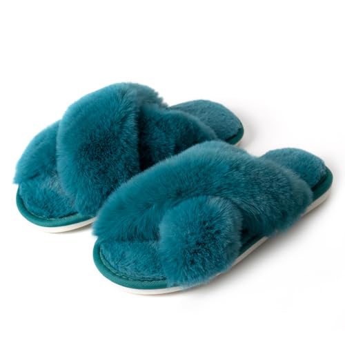 Image of Enteer Women's Slipper Memory Foam Cross Band Fuzzy Slippers Open Toe Cozy House Slippers Cozy Plush Bedroom Indoor Outdoor