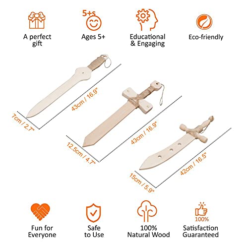 Cg Games Wooden Swords For Kids - 3 Pack Eco-Friendly Handmade Natural Wooden Sword Set For Kids Aged 8 And Up - Durable Safe Unpainted Chemical Free Wood Toys #TOP2