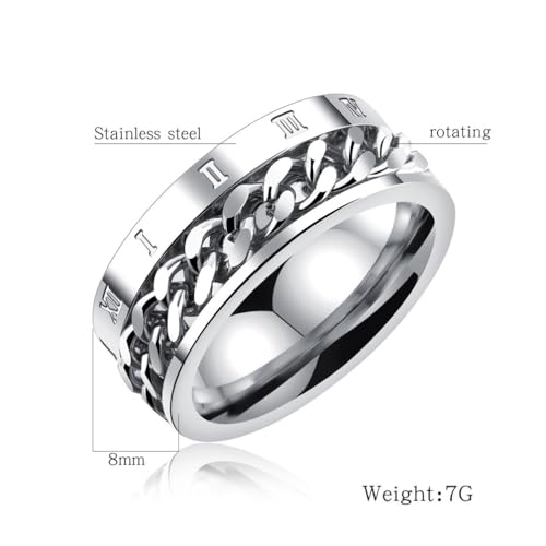 PAMTIER Unisex 8mm Stainless Steel Personality Cool Beer Bottle Opener Chain Rotatable Fidget Ring Punk Roman Numerals Anxiety Band2