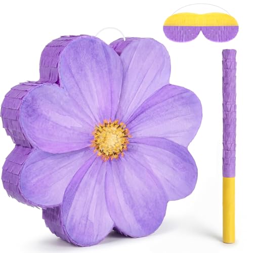 Aoriher Daisy Flower Piñata Set with Blindfold and Bat Purple Flower Piñata Daisy Party Game for Birthday Baby Shower Gender Reveal Wedding Floral Mother's Day Princess Party Supplies Decorations