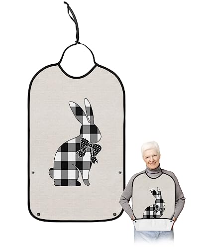 Spring Easter Adult Bibs for Eating, Waterproof Bibs with Food Catcher & Adjustable Snap Closure, Black and White Buffalo Plaid Bunny Washable Clothing Protectors Adult Bibs for Elderly Women/Men