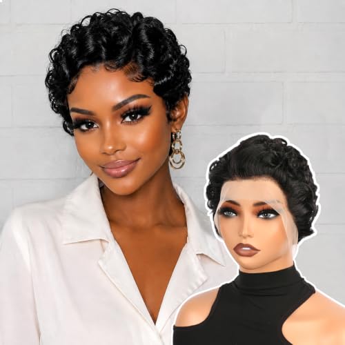 Short Curly Pixie Cut Wig Human Hair 13x4 Lace Front Wigs for Bla...