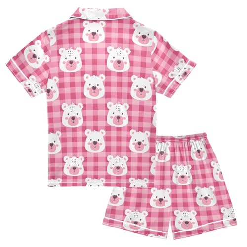 Pink Bear's Face Summer Satin Pajama Set, Cute Button-Down Sleepwear Pj Set for Sleep Wears2
