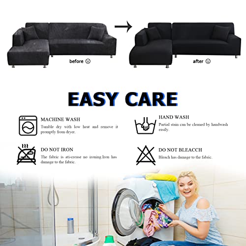 Lydevo Sofabezug Ecksofa L Form Sofa Überwürfe Stretch Sofabezug L Form Rechts oder Links mit Zwei Kissenbezügen Waschbar Universal-Couchbezug L Form Sofa Cover L Shape(3 Sitzer+3 Sitzer,Schwarz)