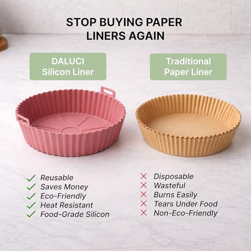 Image of DALUCI Air Fryer Liners Silicone Basket for Air Fryer | Reusable Non Stick Baking Tray with Handles | Heat Resistant Easy Clean Air Fryers Accessories - Round (8 Inch, Pack of 2)