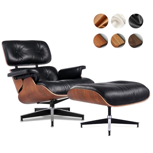 Top Black Grain Leather, Mid Century Chaise Lounge Chair and Ottoman, Accent Chair, Modern Chair, Classic Design, Heavy Duty Base Support for Living Room Lounge Office, Palisander, Heightening