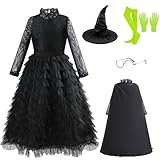 KBUZAFS Witch Costume for Girls, Halloween Black Witch Dress Cosplay Outfit With Cloak Hat (7-8 Years)