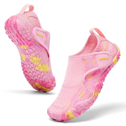 JEPERLUU Kids Water Shoes - Toddler to Big Kid - Quick Dry & Non-Slip Aqua Socks, Easy On Swim Shoes for Boys & Girls Beach, Water Park,Pink