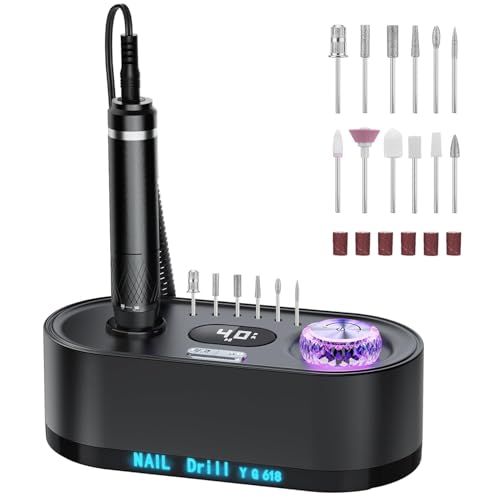 Torno Para Uñas, 40000RPM Lima Electrica Uñas Pulidor Uñas Set Manicura y Pedicura Electrico Velocidad Ajustable y Pantalla LED, 8-10 Horas De Uso InaláMbrico para Torno Manicura
