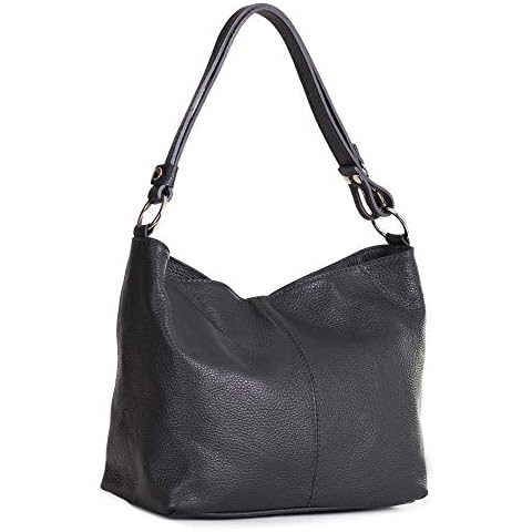 LiaTalia Womens Genuine Italian Leather Medium Size Shoulder Hobo Bag - Adjustable Long Strap Handbag - EMMY [Black] Cover