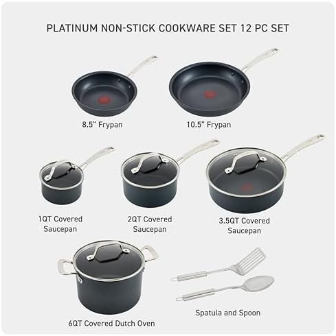 Tefal Platinum Non-Stick Cookware Set 12 Piece Induction Safe Oven Broiler Safe 500F Kitchen Cooking Set Frying Pan Sauce Pan Saute Pan Dutch Oven Cookware Pot Pan Dishwasher Safe Slate