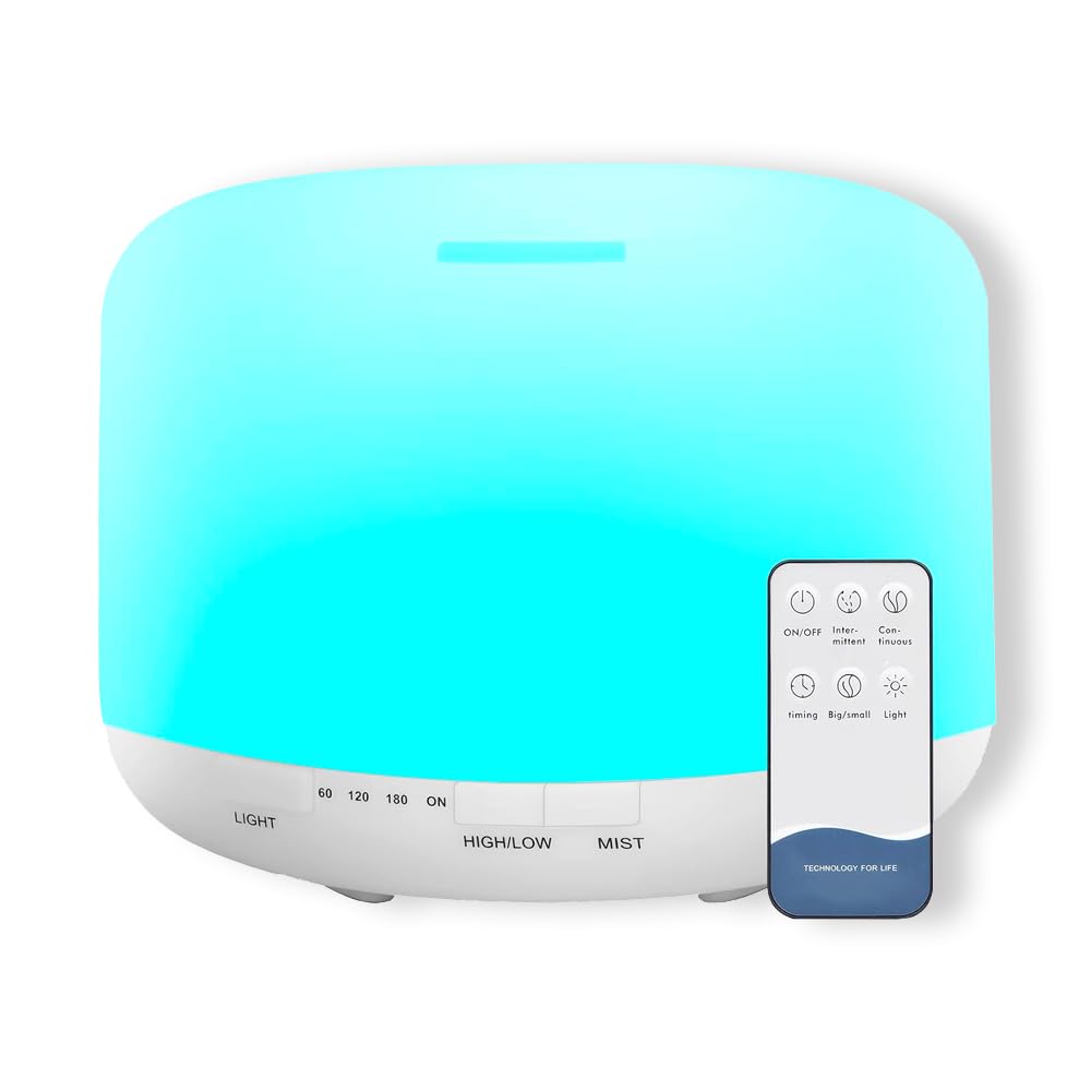 Diffusore di Oli Essenziali 500ml con 7 LED Colorati, Umidificatore e Purificatore d’Aria, Funzione Aromaterapia, Completo di Telecomando e Misurino