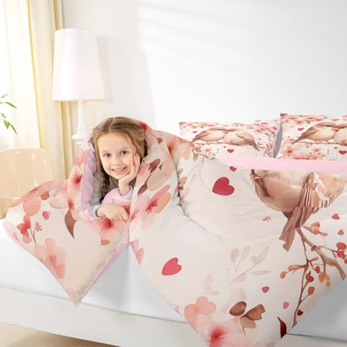Image of Erosebridal Chickadee Queen Comforter Set Pink Valentine Bedding Set for Kids Teens Love Heart Pattern Bedroom Decor Heart Floral Spring Quilt Duvet
