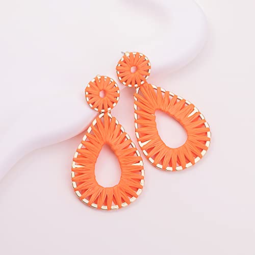 Boho Raffia Earrings Statement Teardrop Earrings Drop Dangle Bohemian Earrings For Women Cute Handmade Earring For Girls(Gold/Coral) #TOP7