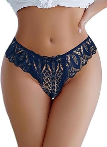Avidlove Panties for Women Floral Lace Underwear Sexy Thongs Cross Back Tangas Cotton Crotch Lingerie Panties Navy Blue M