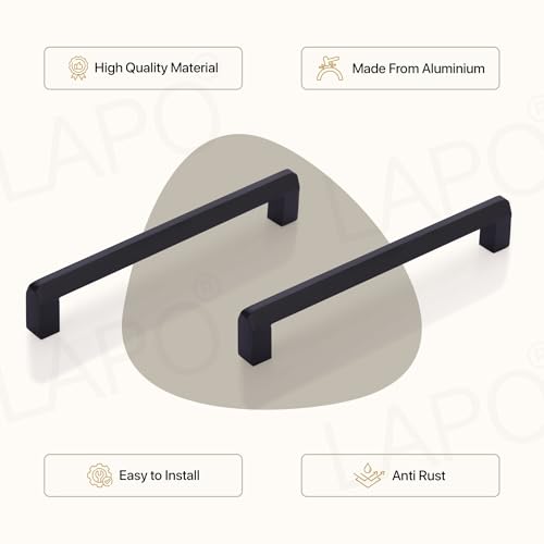 Image of LAPO 6 Inch Cabinet Handles for Kitchen, Stainless Steel Handle for Storage Drawers & Cupboard, Comfortable Grip, Scratch Resistant Surface, Hole to Hole Size 16 cm, DIY Fit (160mm, Black, Pack of 3)