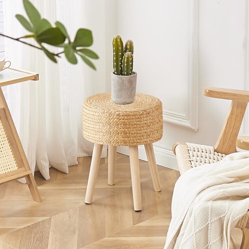 Cpintltr Round Ottoman Footstool Foot Stool Pouf Ottomans with Solid Wood Legs Hand Weave Hyacinth Footrest Step Stool for Living Room Balcony Garden Natural Hyacinth Seagrass - Thumbnail 3