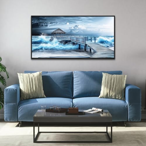 ERQINHUA Large Canvas Wall Decor For Living Room Wall Art For Bedroom Office Wall Decorations Black Frame Blue Wave Landscape Painting Artwork For Modern Stretched and Framed Beach Posters 24"X48"