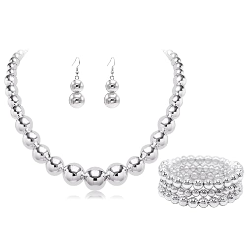 Cryshimmer Silver Bead Necklaces Earring Bracelets for Women Handmade Beaded Strand Collar Necklace Costume Jewelry Set (Silver Plated)