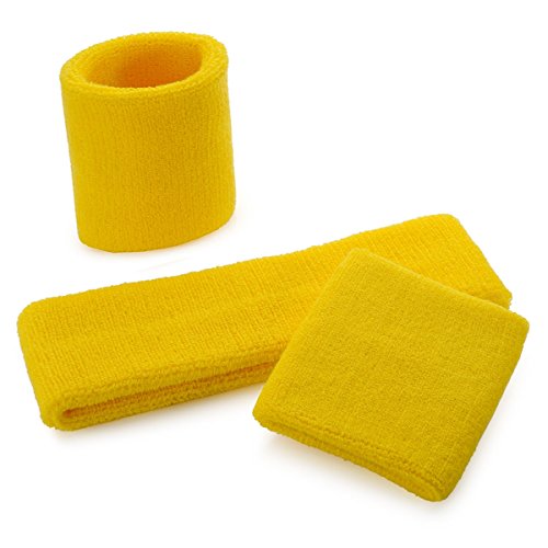 Image of ONUPGO Yellow Sweatband Set Sports Headband Wrist Striped Sweatbands Terry Cloth Wristband Athletic Exercise Basketball Wrist Sweatband and Headbands Moisture Wicking Sweat Absorbing Head Band