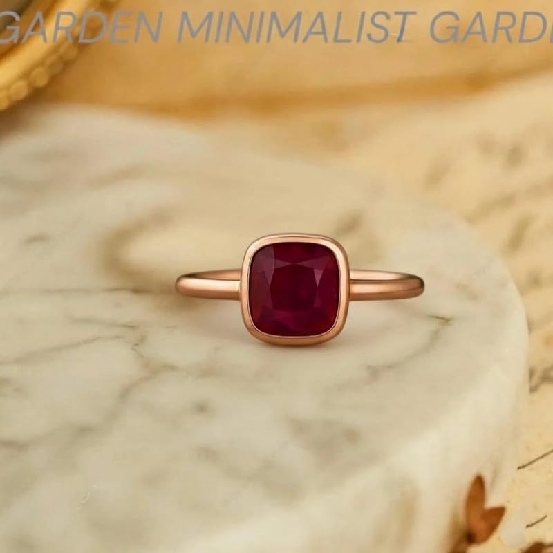 14K Rose Gold Cushion Cut Red Ruby Gemstone Bezel Set Solitaire Ring for Men Women Ring Handmade Jewelry GMR98