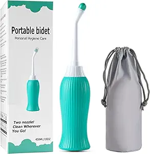 DOCAT Handheld Portable Bidet Spray Bottle for Toilet Retractable Bidet Angled Nozzle Jet Spray for Personal Hygiene Care with 2 Nozzles and Travel Pouch Bag (Green, 450ML), Plastic