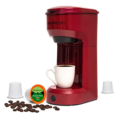 Mixpresso Original Design 2 in 1 Coffee Brewer Pods Compatible Ground Coffee Personal Coffee Brewer MachineCompact Size Mini Coffee Maker Quick Brew Technology 14 oz Red