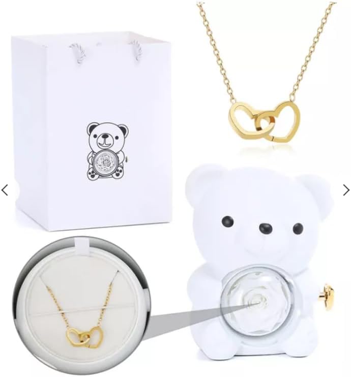 Titanica Shop Cute Teddy Bear with Preserved Rose,Eternal Flowers Rotating Rose Box with Necklace Romantic Gift for Her in Valentine's Day, Mother's Day,Weddings,Anniversaries,and Bridal Showers