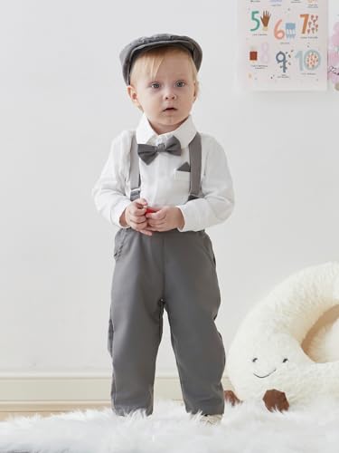 Image of SALNIER Baby Boy Suit Set Infant Formal Outfit Tuxedo | Soft Cotton Shirt Suspenders Pants Bow Tie Beret Hat 5pcs Set, For Wedding Baptism Birthday Party