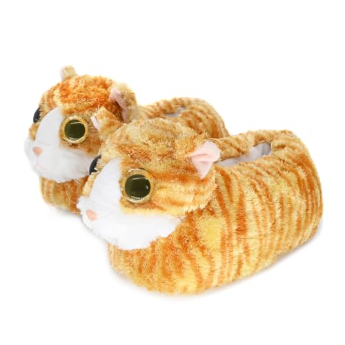 Onmygogo Indoor Fuzzy Winter Animal Cat Plush Slippers for Women Men Kids,Faux Fur,Warm House Slipper 1-3 Big Kid Yellow