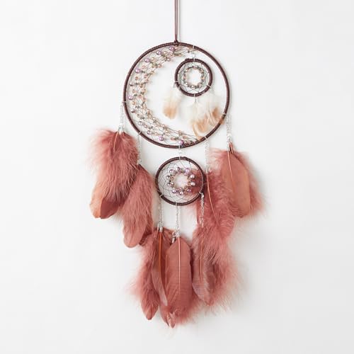 Pretty Jolly Fantasy Moon Dream Catchers Wall Decor Hang with Small Dream Catcher with Colorful Beads Handmade Red-Brown Feather Dreamcatchers Wall Hanging for Girls Bedroom Wedding Gift