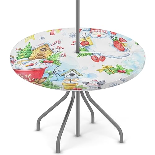 XMNYGJ Christmas Round Tablecloth with Umbrella Hole Outdoor Waterproof Fitted Table Cover Elastic Edge Polyester Fabric Zippered Table Cloth for Patio Picnic 36