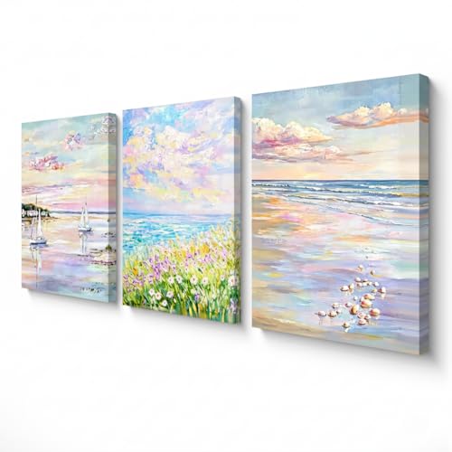 SEWEAIPIC 3 Piece Coastal Wall Art, Dreamy Pastel Pink Beach
