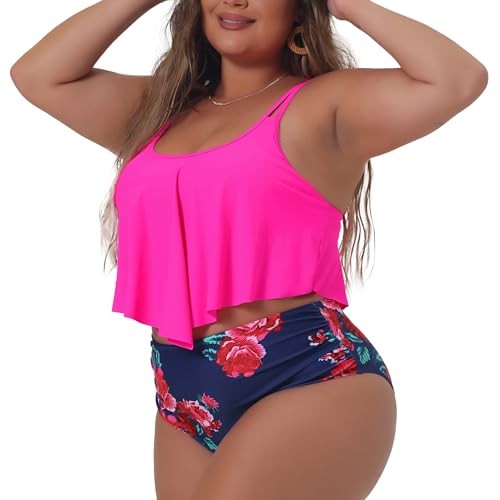 Agnes Orinda Plus Size Bikini Swimsuit for Women Floral Print High Waist Ruched 2 Piece Bathing Suit Set2
