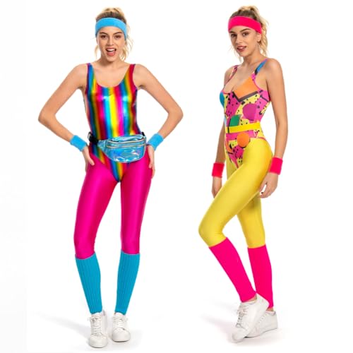 Cyborey 80er Kostüm Damen Bunter Vintage Trainingsanzug mit Zubehör für Halloween