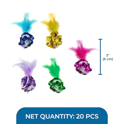 Image of SunGrow Mylar Crinkle Balls with Feathers, 2.5-Inches, Shiny Stress Buster Crinkler, Suitable for Multiple Cats' Engagement, Ideal for Kittens and Grown-up Cats, 20-Pcs