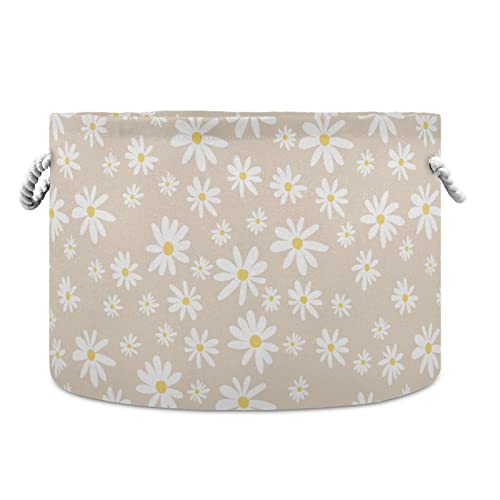 Image of Burbuja Daisy on Beige Round Storage Basket with Cotton Rope Handles, Laundry Basket for Blankets, Nursery, Living Room Decoration