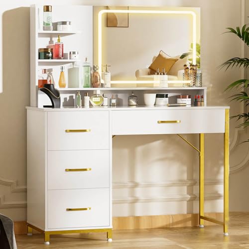 COMHOMA Vanity Desk with Mirror and Lights, Makeup Vanity Table with 4 Drawers & Storage Shelves, Large HD Mirror, 3 Color Modes & Adjustable Brightness, Modern Dressing Table for Bedroom, White