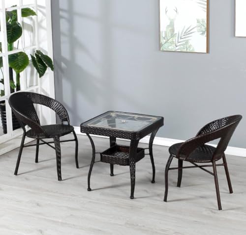 Image of 2+1 Outdoor Indoor Furniture Sets Rattan Wicker Chair Patio Set Bistro Balcony Outdoor Garden Furniture Chair and Square Table (Brown with Multicolor Cushion & Pillow)