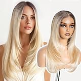 Style Icon Wear and Go klebefreie Perücke, vorgeschnitten, für Anfänger, lang, geschichtet, gerade, synthetische Lace-Front-Perücke mit Vorhang-Pony, 50,8 cm, Blond, 3 Sekunden zu tragen