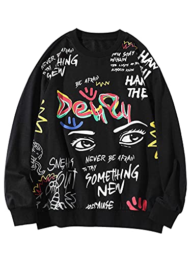 Milumia Men's Crewneck Sweatshirt Sweatshirt Vintage Graphic Hip Hop Sweatshirt Hoodie Black Small