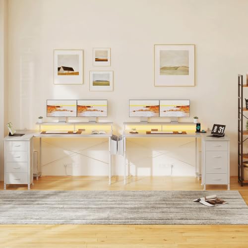 Image of VERMESS 63 inch Reversible L Shaped Gaming Computer Desk, Corner Desk with Power Outlets & Monitor Stand, Writing Study Table with 4 Storage Drawers, Desk with LED Lights, White