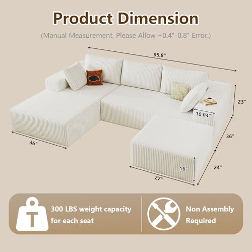 Image of 96 inch U-Shape Cloud Couch, Modern Modular Sectional L-Shape Sofa with Ottoman, Corduroy Upholstered Couches Deep Seat Sleeper Chaise Longue for Living Room, No Assembly Required(White, Left Facing)