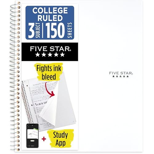 Five Star Caderno espiral + aplicativo de estudo, 3 matérias, papel pautado para faculdade, 28 cm x 21 cm, 150 folhas, branco, 1 unidade (72464)