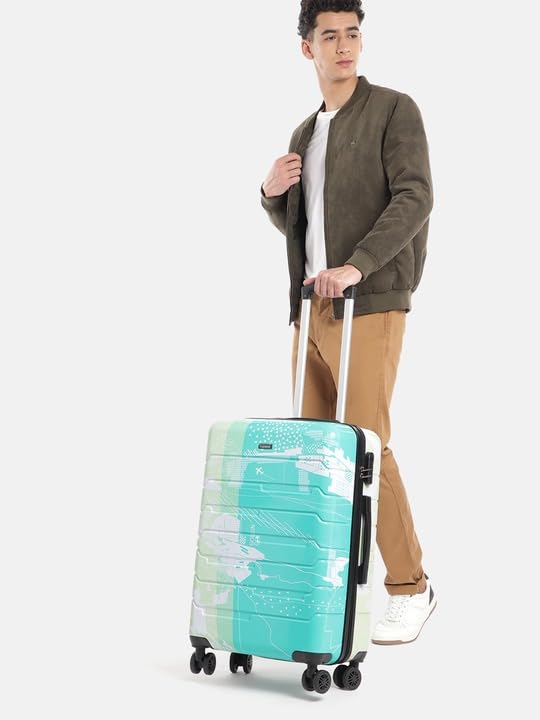 Image of TEAKWOOD LEATHERS Twin Printed 360 Degree Rotation Hard Cabin Trolley Bag (Green, Medium)