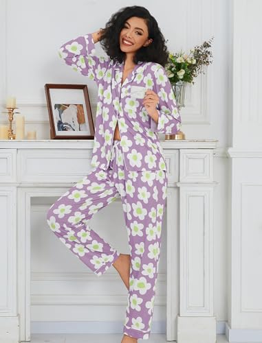 Image of SWOMOG Womens Pajamas Set Long Sleeve Sleepwear Button Down Nightwear Soft Cotton Pj Lounge Sets